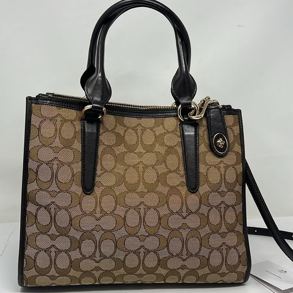 Coach Jacquard Logo and Brown Leather Satchel Shoulder Crossbody Bag - Picture 9 of 16